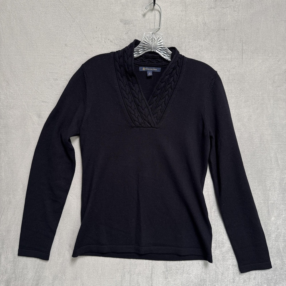 Brooks Brothers Sweater Womens Small Black V Neck Cable Knit Pullover 100%‎ Wool